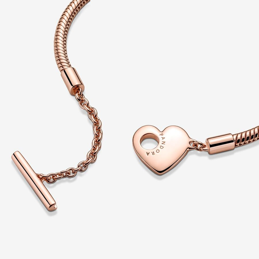 Heart T-Bar Snake Chain Rose Gold Bracelet