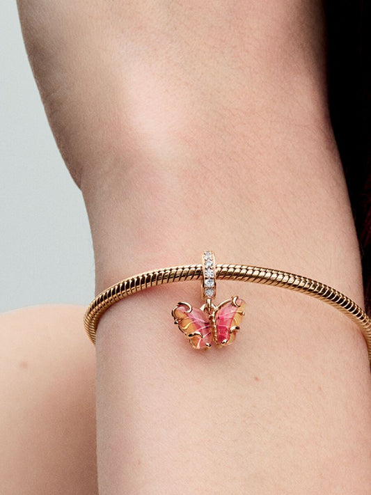 Pink & Yellow Murano Glass Butterfly Dangle Rose Gold Charm