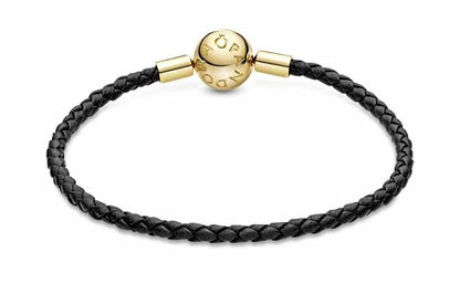 Moments Black Woven Leather 18K Gold-Platted Clasp Bracelet