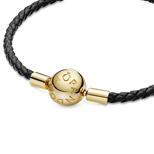 Moments Black Woven Leather 18K Gold-Platted Clasp Bracelet