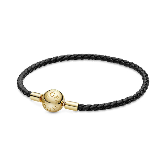 Moments Black Woven Leather 18K Gold-Platted Clasp Bracelet