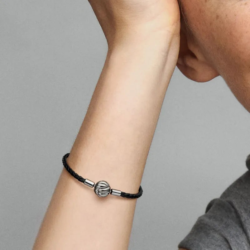 Moments Concentric Knot Black Woven Leather Bracelet